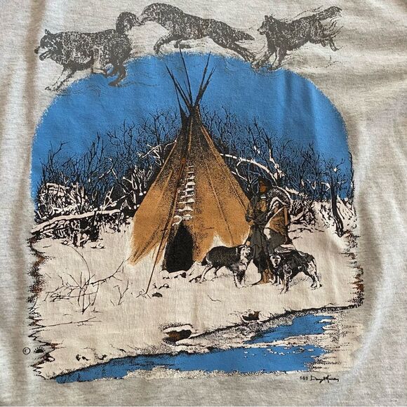 Vintage Native American Graphic Single Stitch T-Shirt Grey - Picture 3 of 6